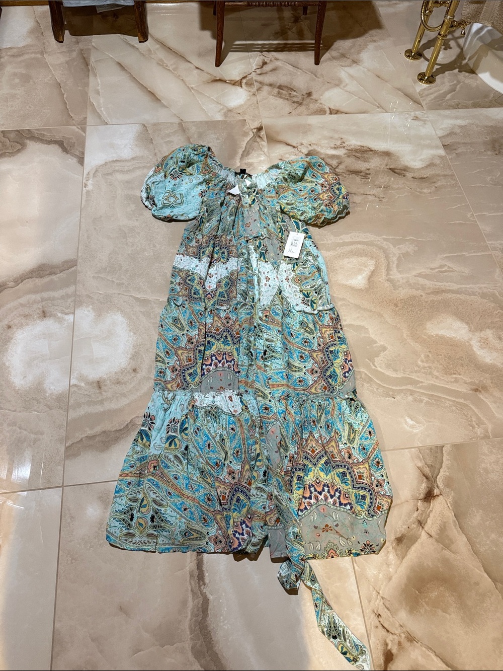 Fifteen Twenty Aqua Paisley Tiered Maxi Dress with Puff Sleeves
